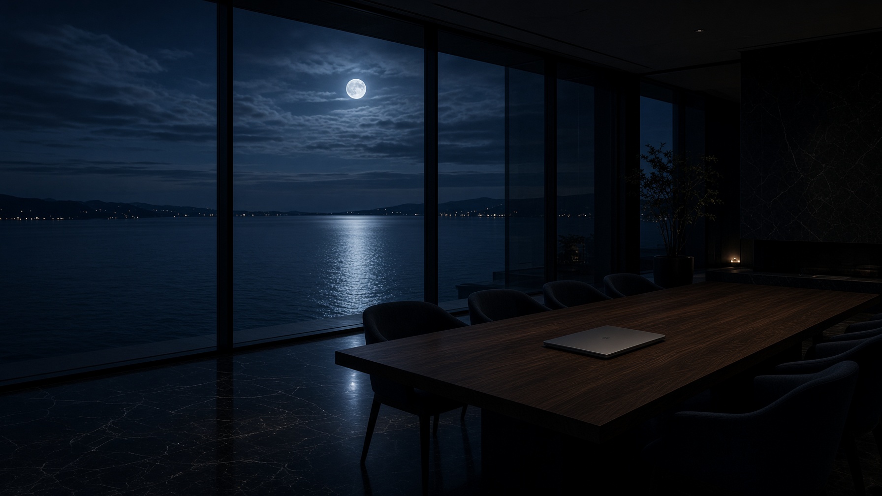 A dark penthouse interior looking over the Bosphorus in moonlight