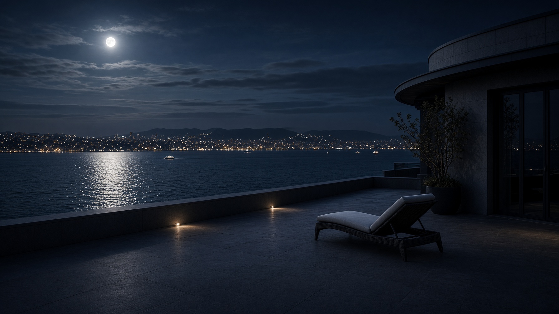 A stone terrace overlooking the Bosphorus and the moon