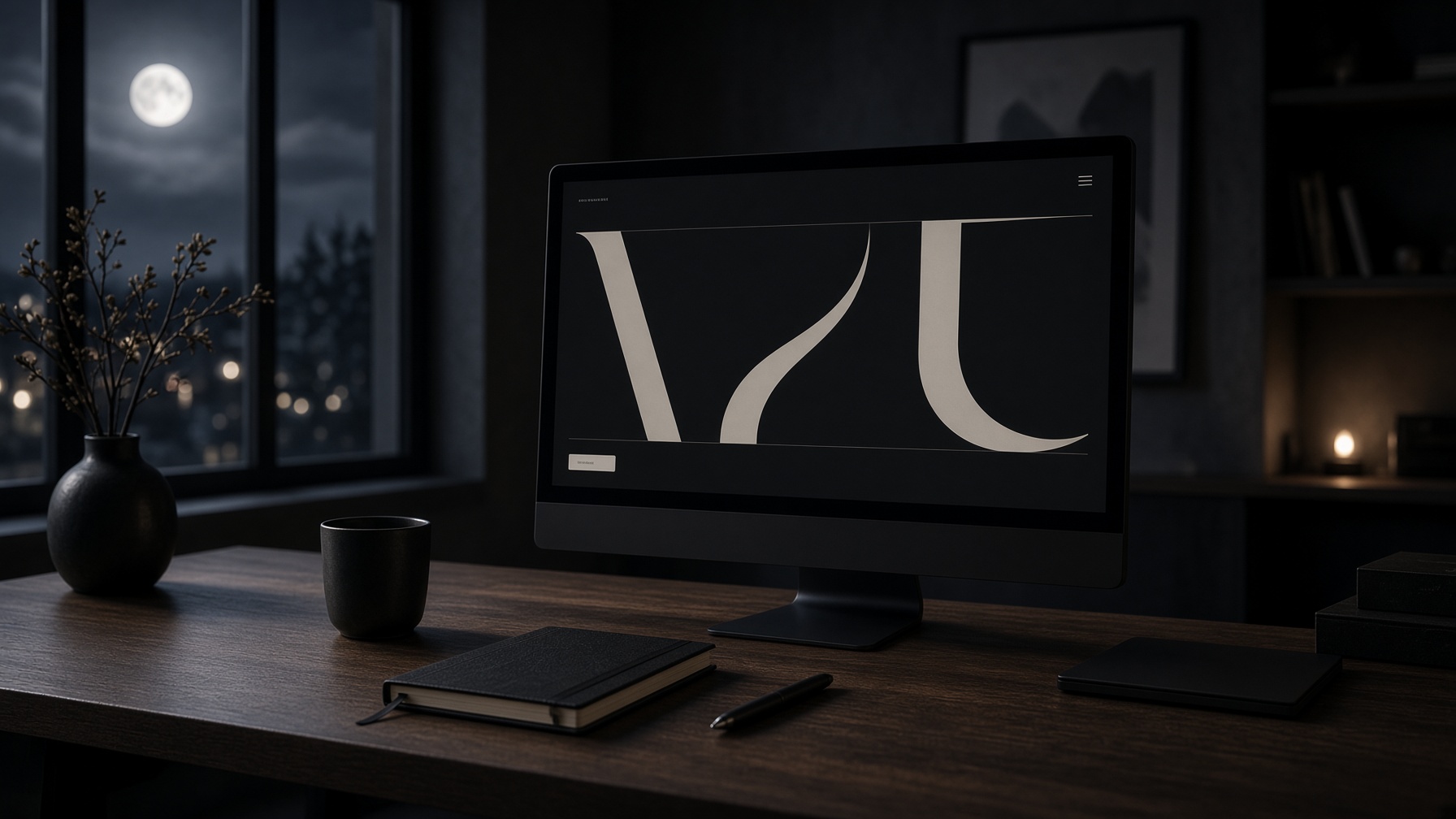 A dark monitor on a desk at night