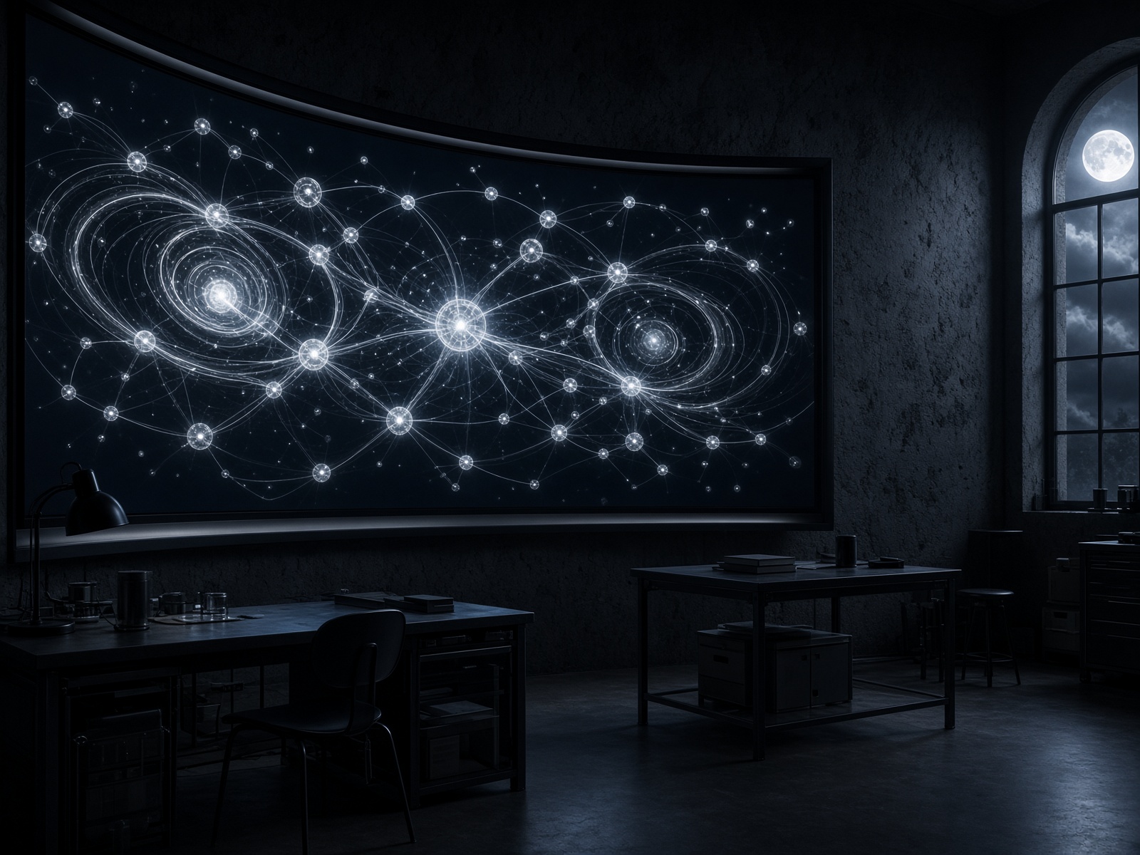 A wide screen showing an abstract node network in a dark room