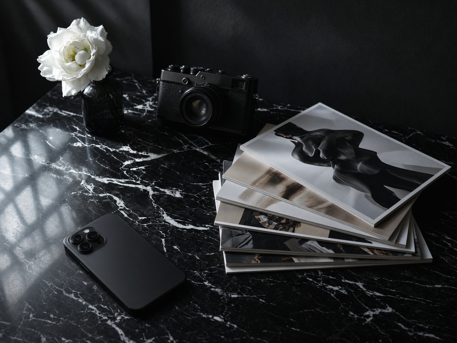A camera, phone, and campaign prints on a dark desk