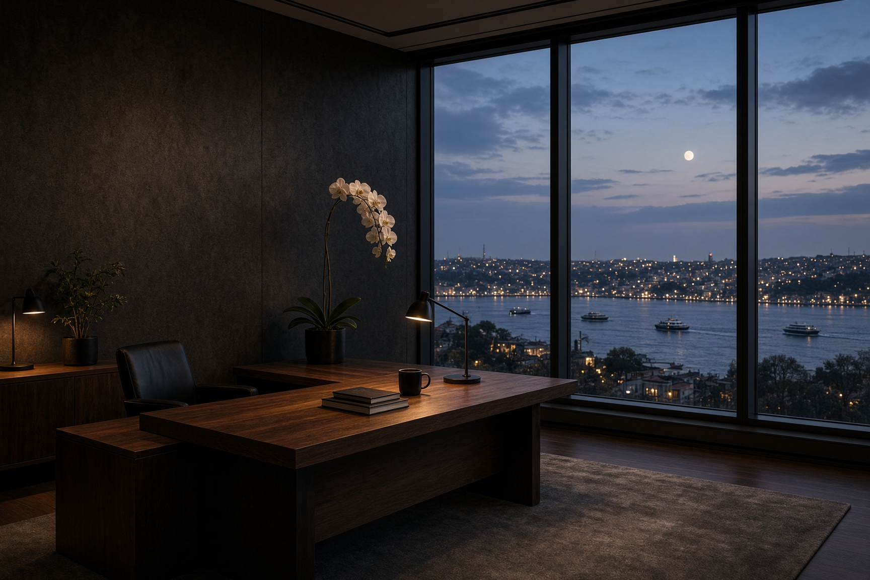 A modern workspace in dark tones